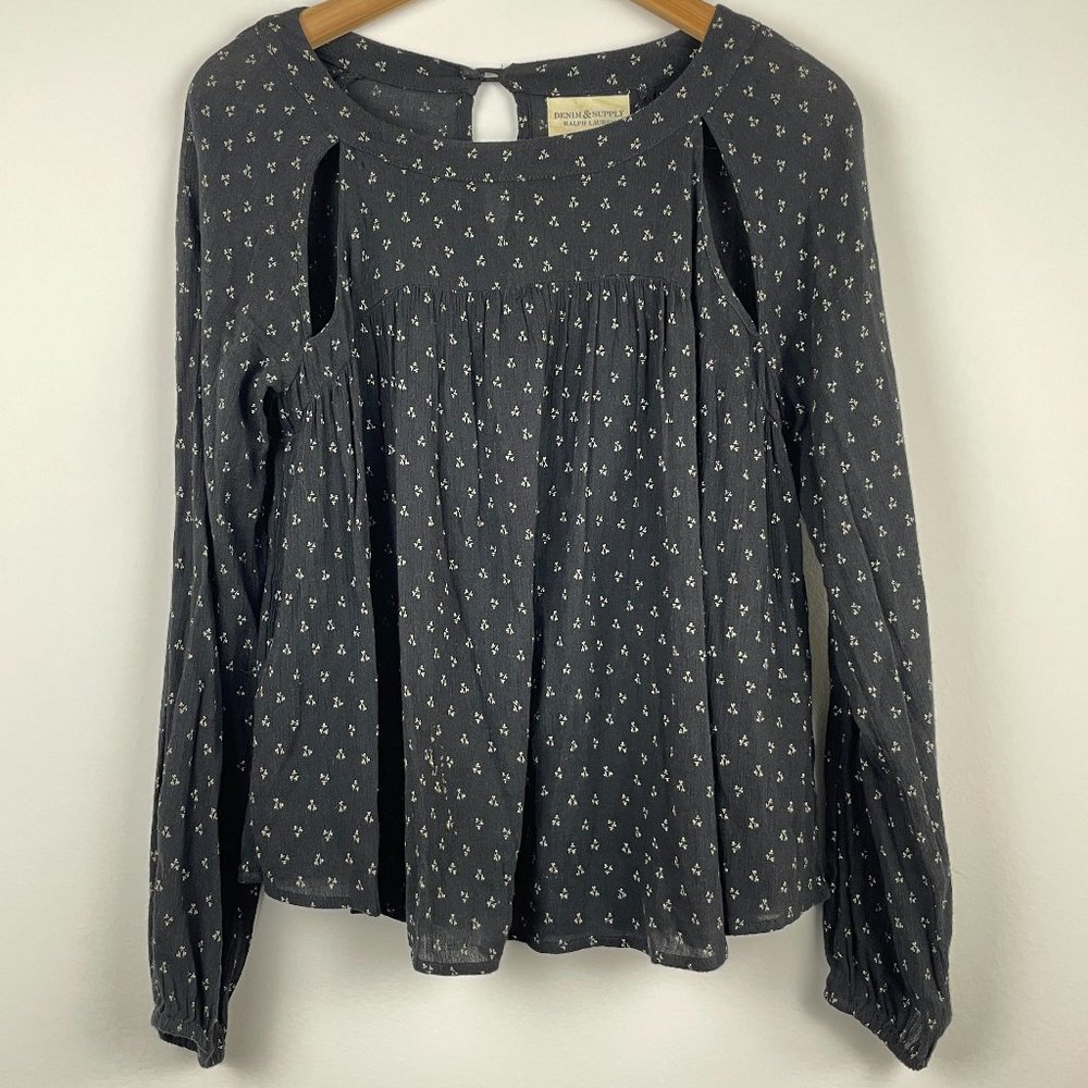 Ralph Lauren Denim & Supply Black Long Sleeve Small Print Cut Out Top - Size M